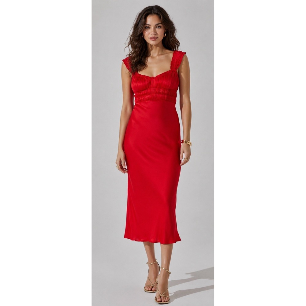 NWT ASTR The Label Enola Midi Dress Red Satin Smocked Elegant Formal Size XL